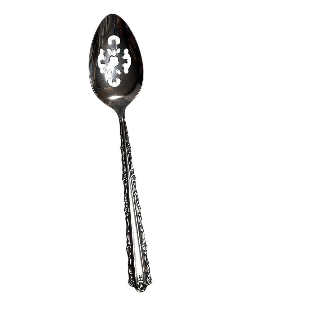 CHERIE by Oneida Vintage Silver Tone Serving Spoon Floral Handle Slotted Spoon